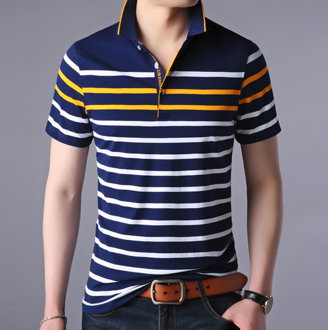 2020 Summer New Lapel Short-sleeve Men's T-shirt Korean Youth Striped Casual Men's T-shirt Ship From Ghana
