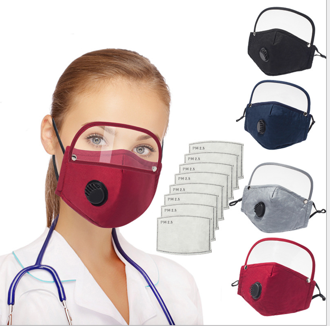 Detachable Protective Face Face Shield Protective Masking Cotton Masking With Breathing Valve:black, Red, Dark Blue, Grey
